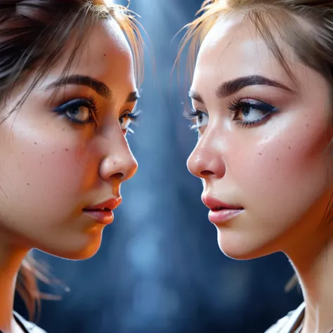 two girl, doppelganger, face to face, two tones, opposite-opponent, glad-sad, epic realism, UHD 8k, super detailed, unreal engine