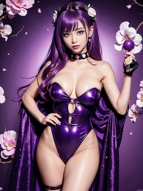 (nsfw), ultra realistic girl who controls poison, halloween, goth, gyaru, lip-gloss, gothic makeup, purple flowing hair, sparkling poisoned flower costume、、、、secrete poison, skull hair accessoires, sweet and sexy, seductive pose, shy, smile, flowers backgr...