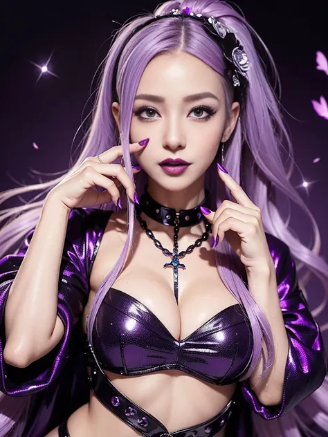 ultra realistic girl who controls poison, halloween, goth, gyaru, lip-gloss, gothic makeup, purple flowing hair, sparkling poisoned flower costume、、、、secrete poison, skull hair accessoires, sweet and sexy, seductive pose, shy, smile, flowers background