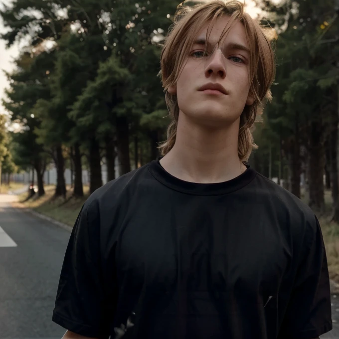 20-year-old guy, Black Full Sleves Shirt,silky blonde disheveled hairstyle, Square face shape, light beard, looking up at the camera, Walking on an empty road, Direct ownership, perfect  lighting, deep shadow, Best Quality, Masterpiece, ultra highres, Phot...