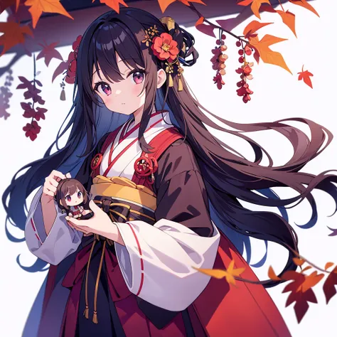 masterpiece、(highest quality)、(White Background)、(Perfect hands)、(10 year old girl)、(1 person)、kimono、Autumn foliage、doll&#39;festival、Red eyes、Bob Hair、Black Hair