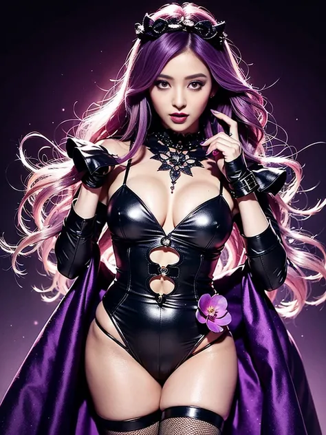 ultra realistic girl who controls poison, halloween, goth, gyaru, lip-gloss, gothic makeup, purple flowing hair, sparkling poisoned flower costume、、、、secrete poison, skull hair accessoires, sweet and sexy, seductive pose, shy, smile, flowers background