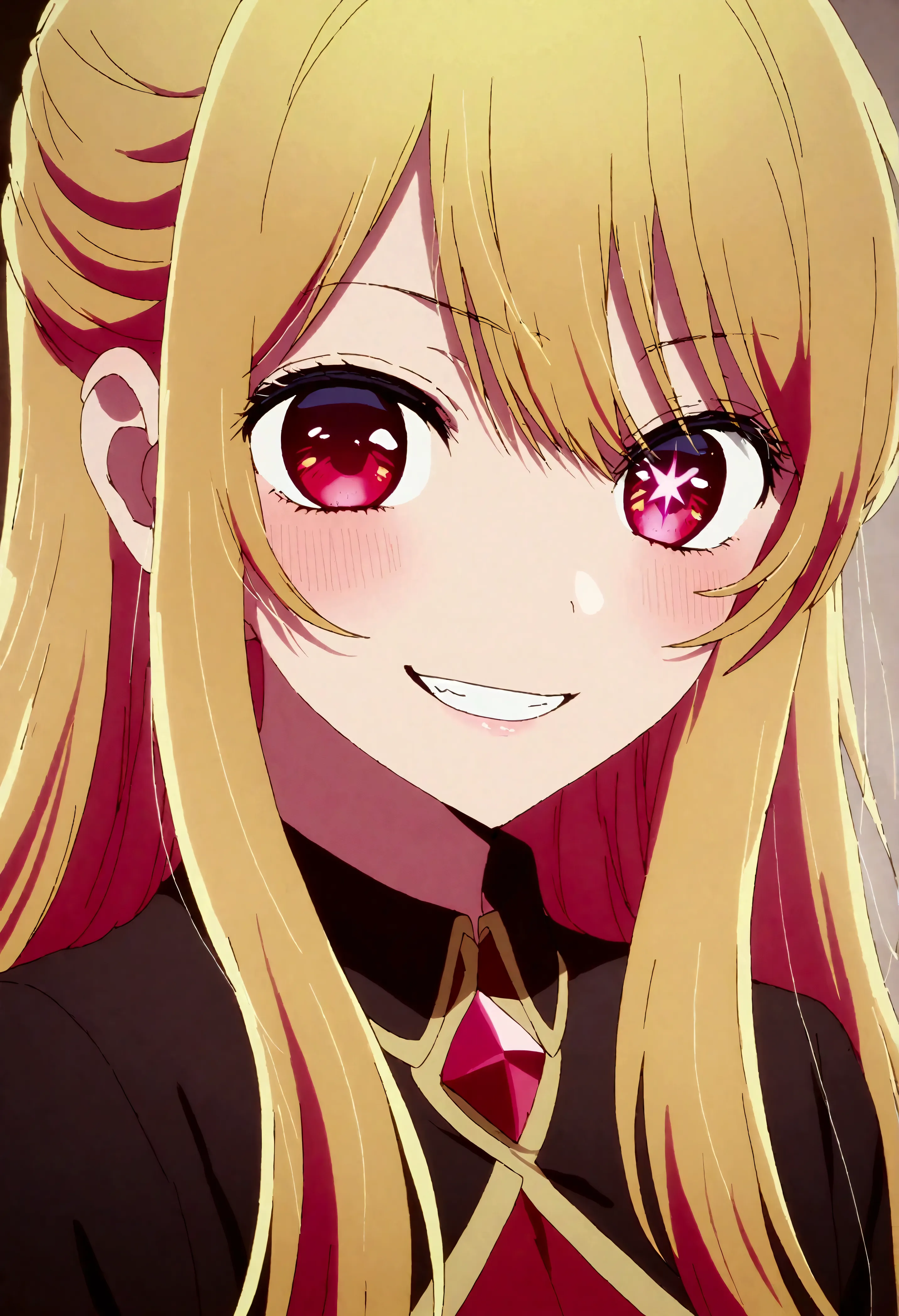 hoshinoruby, star-shaped pupils, ruby_hoshino, blonde hair, bangs, 1girl, pink eyes, long hair, looking at viewer, red eyes, gri...