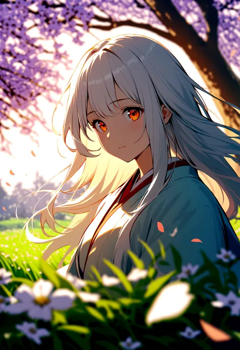 1girl,long hair,white hair,orange eyes,heart-shaped eyes,in spring,in a meadow,rim light,ban,japanese_clothes,blurry,blurry_foreground,falling petals,