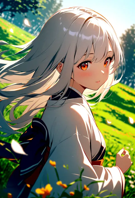 1girl,long hair,white hair,orange eyes,heart-shaped eyes,in spring,in a meadow,rim light,ban,japanese_clothes,blurry,blurry_foreground,falling petals,