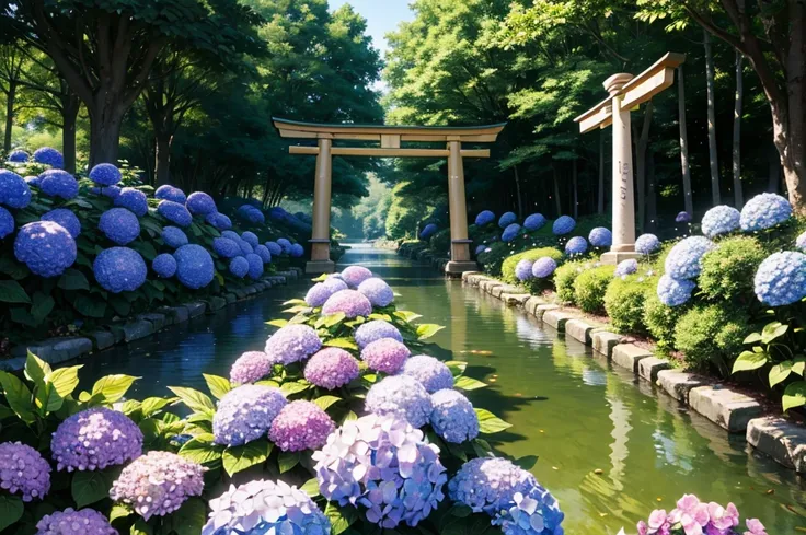 highest quality, Super detailed, (Ultra-high resolution,8K), torii, hydrangea, forest