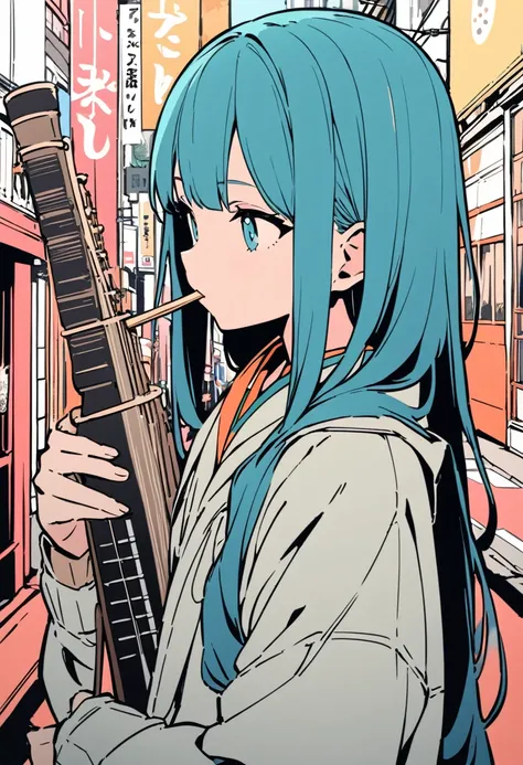 flat color, ,(A Japanese high school girl holds a very thick and long woodwind instrument in her mouth),tween,cute,detailed face,fullbody,at street,tokyo,depth of field,portrait,(best quality, masterpiece, ultra highres, ultra-detailed)