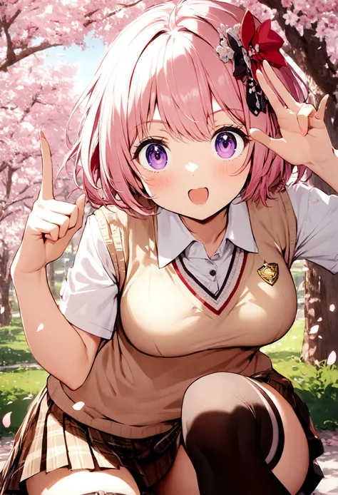  1 Girl,  Pink Hair, Purple Eyes, short hair, Hair accessories, Sweater vest, Uniforms, big eyes, Plaid skirt, Black over-the-knee stockings, Make a victory gesture, Cherry blossoms