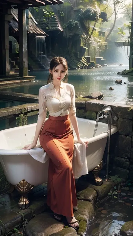 no upper floor;  a beautiful burmese woman in a long skirt takes a relaxing bath by the river.  i took a shower and my whole bod...