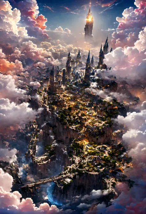 realistic, masterpiece, best quality, high quality, 8k, detailed, cinematic, fantastical city floating in the sky, with crystal towers and bridges made of light, surrounded by colorful clouds and ethereal creatures