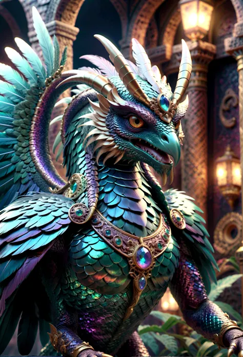 A feathered serpent-bodied monster with a bird-like head, highly detailed, photorealistic, 8K, HDR, cinematic lighting, dramatic lighting, intricate scales, iridescent feathers, fierce expression, sharp talons, coiled body, dramatic pose, dark fantasy, mut...