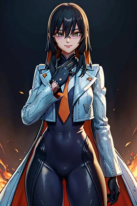 countess daraku, long hair, glasses, gloves, pants, smile, trench coats 
break looking at viewer,
break outdoors,
break (masterp...