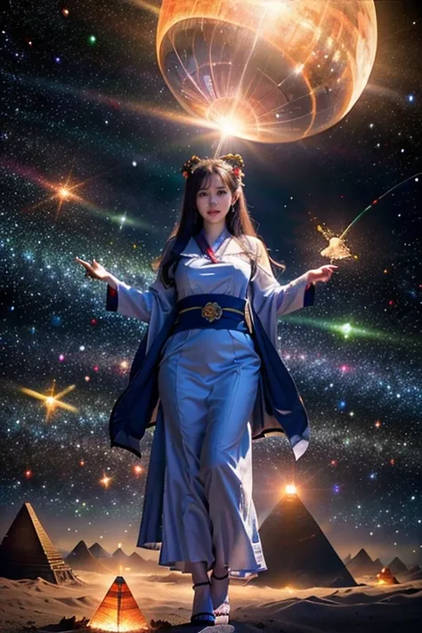 (raw photo, highest quality), (realistic, photoreal:1.3), 1 girl、realisticbody、old shrine maiden costume、pyramid-shaped ufo flyi...