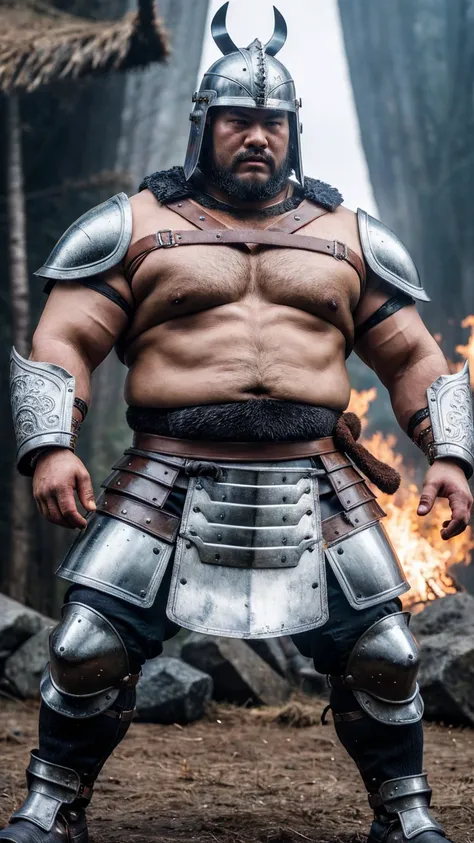 looking at me, face focus, a fat gentle barbarian, mid combat, he is a japanese barbarian, intense battle scene, leather armor, ...