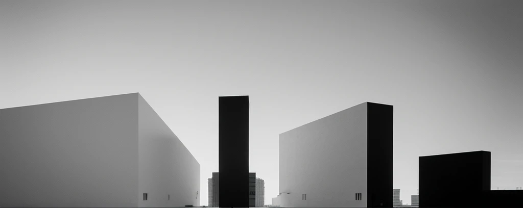 abstract minimalist silhouette buildings, abstract architectural shapes, minimalist monochrome design, clean modern lines, negative space composition, simple geometric forms, dark silhouettes against bright background, black and white high contrast, archit...