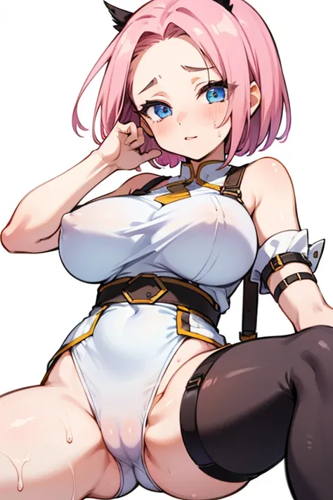 1 girl, high quality, (short hair), pink hair, forehead, blue eyes, big breasts, (white clothes),(straps on thighs:1.3), simple background, stocking, cameltoe,(sweaty:1.1), (nipples:0.8), (sexy pose:1.2)