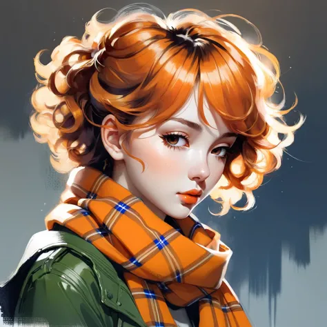 portrait of feminine teenage boy closed eyes curly hair wearing tartan scarf by greg rutkowski yoji shinkawa ilya kuvshinov 
portrait digital painting bold brushstrokes highly detailed artstation concept art soft lighting, warm orange tones