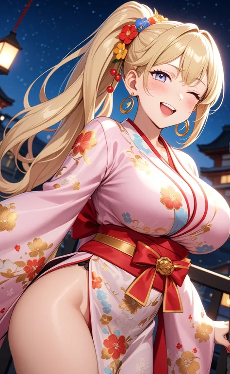 ((one personの女性)), Beautiful Face,Laughing embarrassedly,((Wink:2.0)),laugh with a big mouth,turn bright red,Sweat on the face,Glossy pink lips,night,rooftop,Festive decorations,You can see the ocean, firework,((Anime style background)),masterpiece, highes...