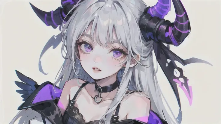 gray hair, long straight hair, purple eyes, Black Wings, black off shoulder dress, choker, horn, Black Wings, White skin, simple background