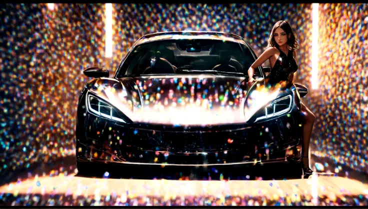 a beautiful girl in a tight dress posing next to a superdeportive car, hyper realistic, 8k, cinematic lighting, detailed facial features, photorealistic, volumetric lighting, dramatic shadows, highly detailed, intricate details, stunning, exquisite, flawle...