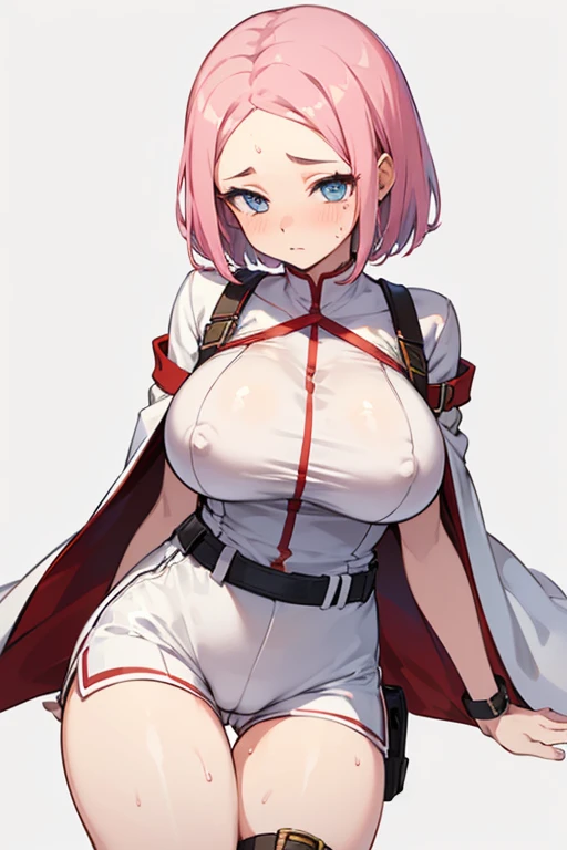 1 girl, high quality, (short hair), pink hair, forehead, blue eyes, huge  breasts, (white clothes),(straps on thighs:1.3), simple background, stocking, cameltoe,(sweaty:1.1), (nipples:0.8), (sexy pose:1.2), (shorts), 