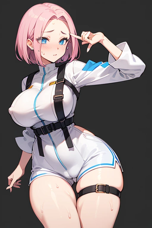 1 girl, high quality, (short hair), pink hair, forehead, blue eyes, huge  breasts, (white clothes),(straps on thighs:1.3), simple background, stocking, cameltoe,(sweaty:1.1), (nipples:0.8), (sexy pose:1.2), (shorts), 