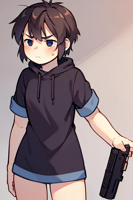 A girl with a somewhat sad expression holding a gun in her hand.