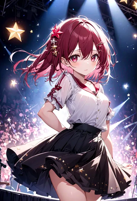 1 Girl, Solitary, best quality, masterpiece , Hoshino Ruby (Ruby Hoshino),  Hair accessories, Sparkling eyes, Stars on the eyes, (There is a star in the right eye:1), (skirt:1.4), (Concert 1), on stage,