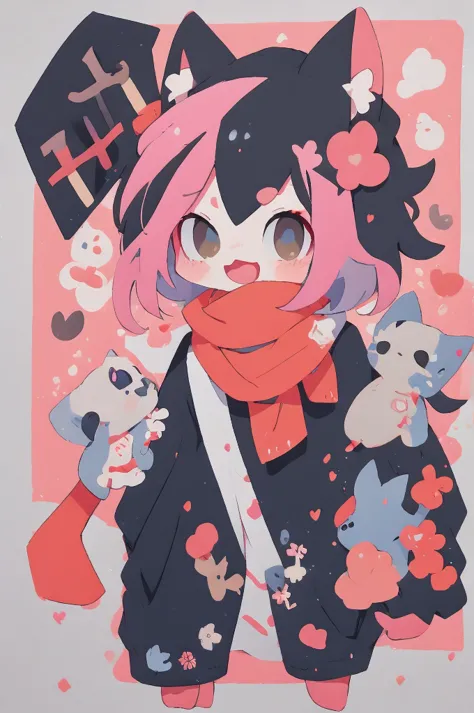 pink hair、blue eyes、anime character wearing a pink scarf, high quality anime art style, [[[[smile evilly]]]], stylized anime, cu...