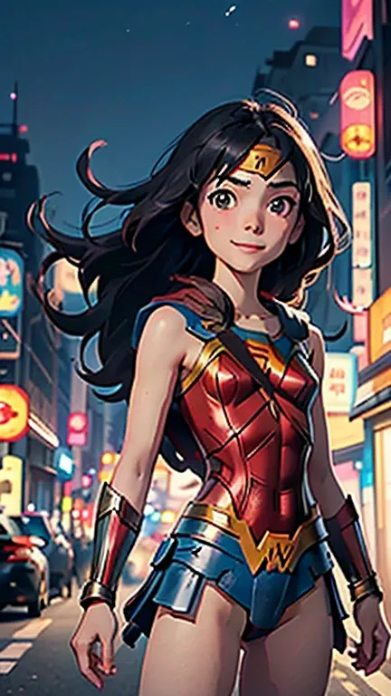 (8k),(masterpiece),(Japanese),(8-year-old girl),((innocent look)),((Petit)),From the front,smile,cute,Innocent,Kind eyes,flat chest, slender,Wonder woman costume,semi-long,Hair blowing in the wind,Black Hair,strong wind,midnight,dark,neon light futuristic ...