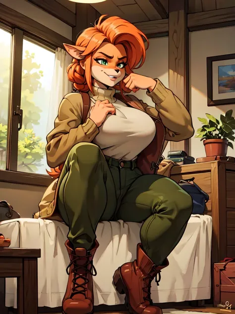 (best quality,4k,8k,highres,masterpiece:1.2),ultra-detailed,realistic:1.37,portrait,anthro bandicoot girl redhead, braided hair, beautiful green eyes, relaxing moment, sexy ,seductive, warm sweater, camouflage pants, army boots, smirking, cozy lighting, vi...