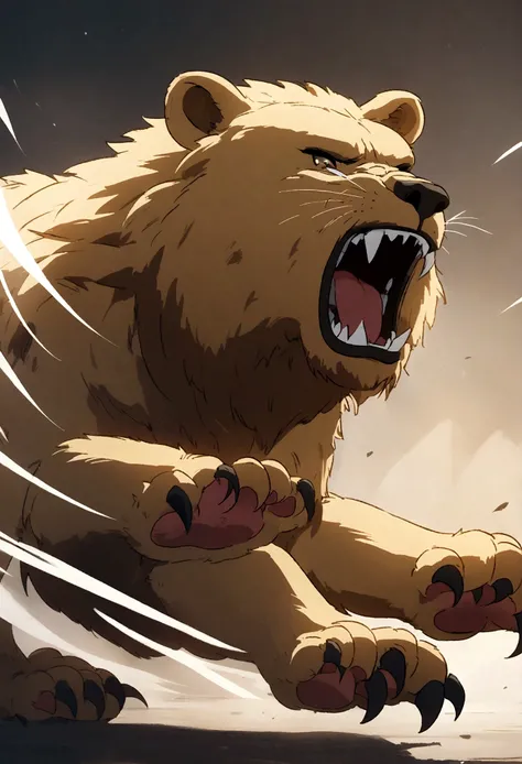 Bear and lion fighting scene、The bear raises its front paws、The lion is baring its fangs、Animation style、Dynamic Movement
