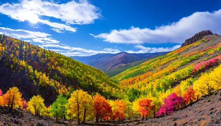 multicolored trees stretch towards the sky and a valley of wonder awaits your exploration.