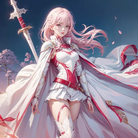 White female warrior with pink hair, White armor with silver. Red cape, Long Sword, Light shining on reflective armor.