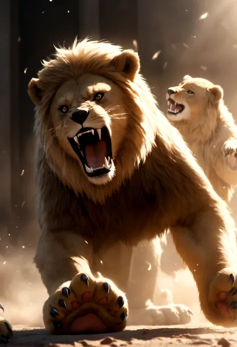 Bear and lion fighting scene、The bear raises its front paws、The lion is baring its fangs、Photo-accurate look、Dynamic Movement
