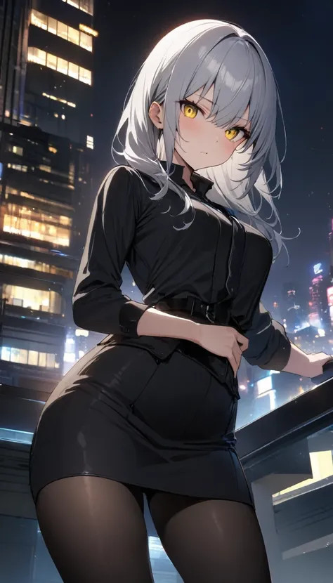 masterpiece, best quality, very aesthetic, absurdres, a handsome girl, solo, older sister, silver hair, yellow cute eyes , provocation, slim cool clothes, short skirt, attractive black tights, city night view ,