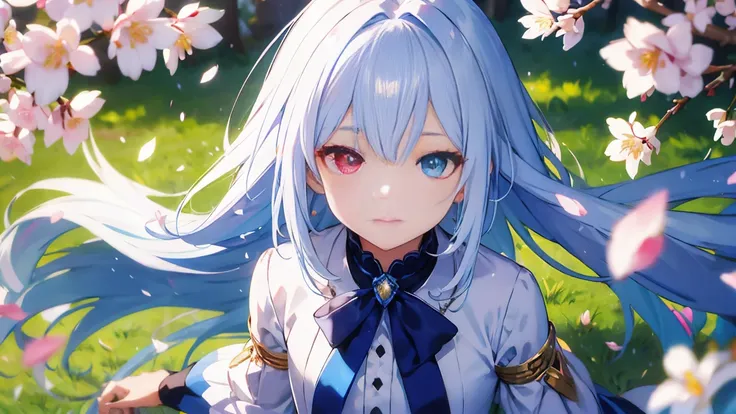 1 girl、bluish-silver hair、(Drooping iris due to heterochromia,shineing eyes:1.4)、、10 years old、Big smile、thin、Blurred Background、shine、Shiny Hair、(spring、Cherry blossom petals dancing in the wind、From above、There&#39;The Girl Behind the Cherry Blossoms:1.3...