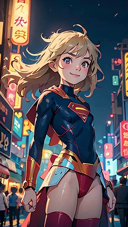 (8k),(masterpiece),(Japanese),(8-year-old girl),((innocent look)),((Petit)),From the front,smile,cute,Innocent,Kind eyes,flat chest, Slender, Supergirl costume,semi-long,Hair blowing in the wind,Blonde Hair,strong wind,midnight,dark,neon light futuristic c...