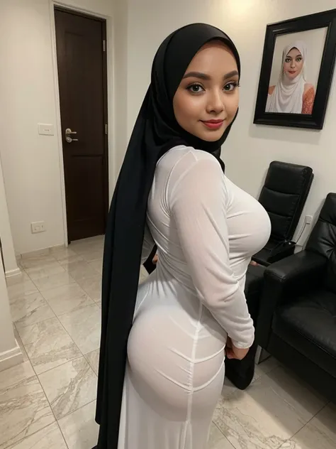 (double exposure), back view, (full body), in a private chamber, A gorgeous matured  teacher (stood) behind white wall,((35 year old)), ((malay women)), curvy fit body shape, bigger ass, gluteal,busty, huge thighs, (wore fitted white long sleeves baju kuru...