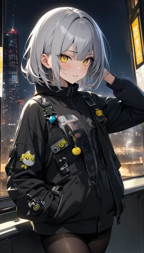 masterpiece, best quality, very aesthetic, absurdres, a handsome girl, solo, older sister, silver hair, yellow cute eyes , cool clothes, black tights, city night view , charm, cool face, 