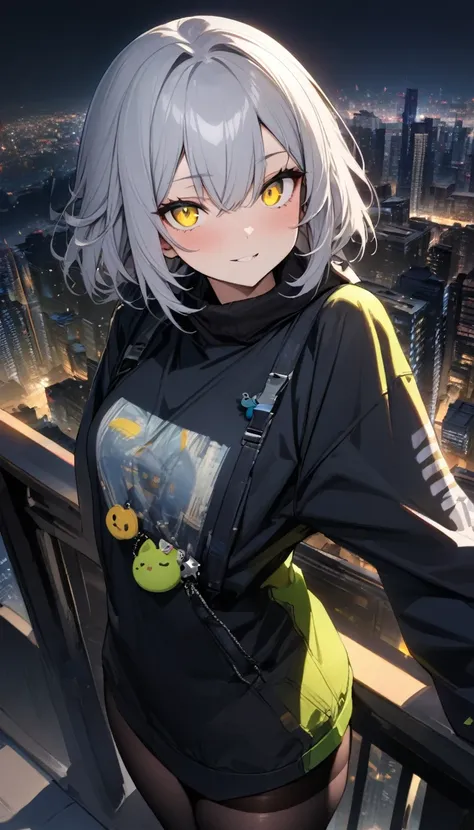 masterpiece, best quality, very aesthetic, absurdres, a handsome girl, solo, older sister, silver hair, yellow cute eyes , cool clothes, black tights, city night view , charm, cool face, 