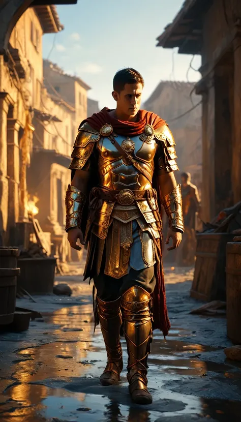 As the sun began to set, The warm golden hues of the sun illuminated his ornate attire, casting a warm glow across the area, Ground-level shot, Intense gladiator duel, set in ancient Rome, historical painting, background dark, hyper realistic, ultra detail...