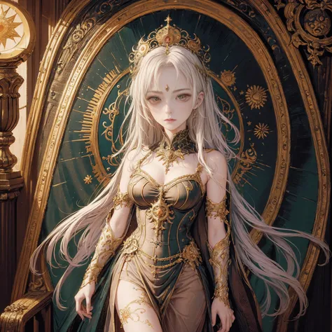 best quality, 4k, High resolution, masterpiece:1.2, Extremely detailed, Practical:1.37, Art of a Woman Wearing a Sun Crown, (((Occult art))), Very detailed goddess ancient art, Sacredness. Very detailed, Mysterious inspiration, Inspiration from the Sun God...