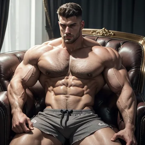 a very handsome, tall, serious man, with a Mid fade haircut, with massively large muscles, with a massively large, defined and muscular body, with massively large and muscular arms, with massively large biceps, wearing gray shorts with a massively large, s...