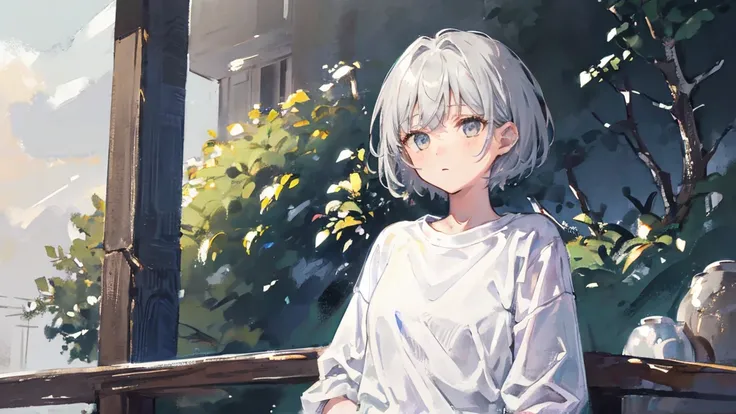 girl，Gray Hair，short hair，White eyes，Turn around and look at me，Only the upper body is visible，Starry sky background，Sit on a hill