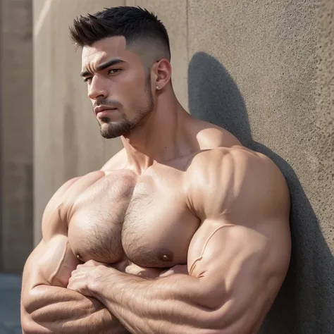 a very handsome man, tall, serious, with a Mid fade haircut, with massively large muscles, with a massively large, defined and muscular body, with massively large and muscular arms, with massively large biceps, shirtless, leaning on a wall, seen from very ...