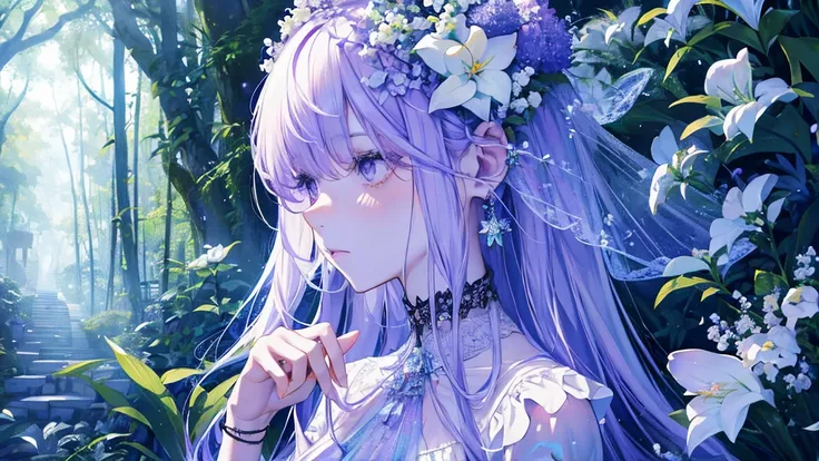 lilac, Forest Fairy, Lily of the valley, Mysterious forest girl, Perfect Anatomy, Hanging Jewels, pretty girl, Great body, best ratio, European Victorian Style, Greek Style, Ancient Goddess Close-up)))