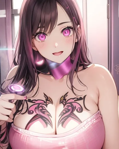 Anime-style expression,Eyes glowing pink,In the photo彼女の目にハイライトはありません.The girl in the photo is hypnotized,Half-open mouth,Similar to You&#39;suffocate again,In the photo, she seems stunned.,Busty woman posing for a photo,Perfect expression,Likely to burst,...