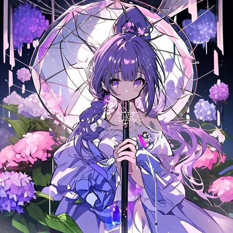 1 girl、Ample breasts、Mature、Purple Hair、Long Hair、ponytail、Drill curl long hair、Holding a transparent umbrella、Lots of soap bubbles、prism、hydrangea、Sailor suit、High resolution、highest quality