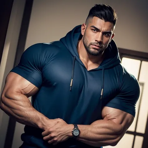 a very handsome man, tall, serious, with a Mid fade haircut, with massively large muscles, with a massively large, defined and muscular body, with massively large and muscular arms, with a massively large and wide chest, with massively large biceps, wearin...